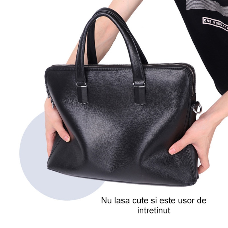 Geanta de laptop din piele naturala, servieta barbateasca, potrivita pentru laptopuri de 14 inch, fabricata de Fudisenn, impermeabila si durabila, capacitate mare, include buzunare mici, buzunar principal si buzunar cu fermoar, 45*40*6 cm, neagra