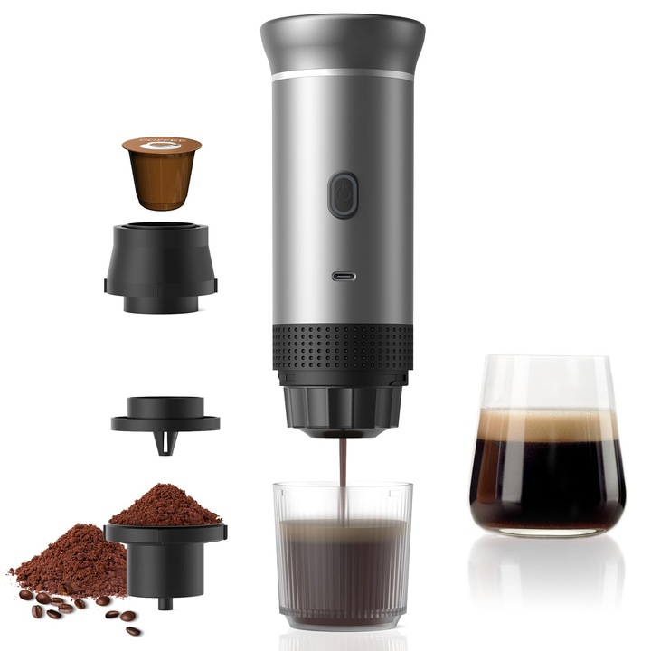 Преносима кафемашина Espresso Maker, WALALLA, Мини пътни кафемашини за къмпинг, със самонагряване, USB зареждане за кола, 72W, 60 ml, 15 бара, IPX6 Водоустойчивост, за смляно кафе и NS капсули, сребристо