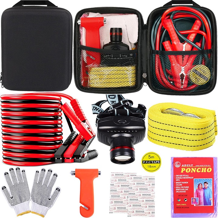 Комплект за спешни случаи за кола, кабели за стартиране, фенерче, комплект за пътна помощ за безопасност на автомобила, фар, въжета за теглене, предпазни чукове, дъждобран, ръкавици, WALALLA, черен