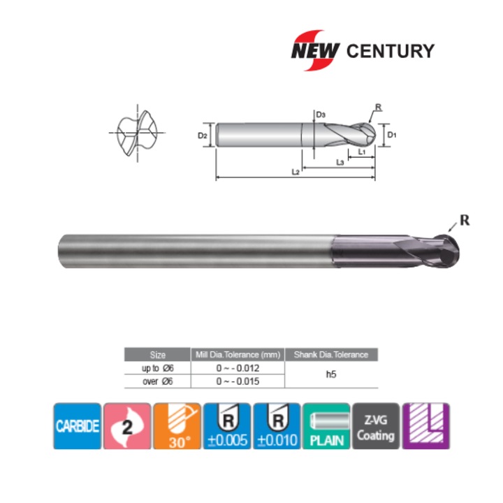 Freza sferica lunga, Carbura, Z=2, R0.2, 0.4x4x0.4x4x45x0.37mm, Z