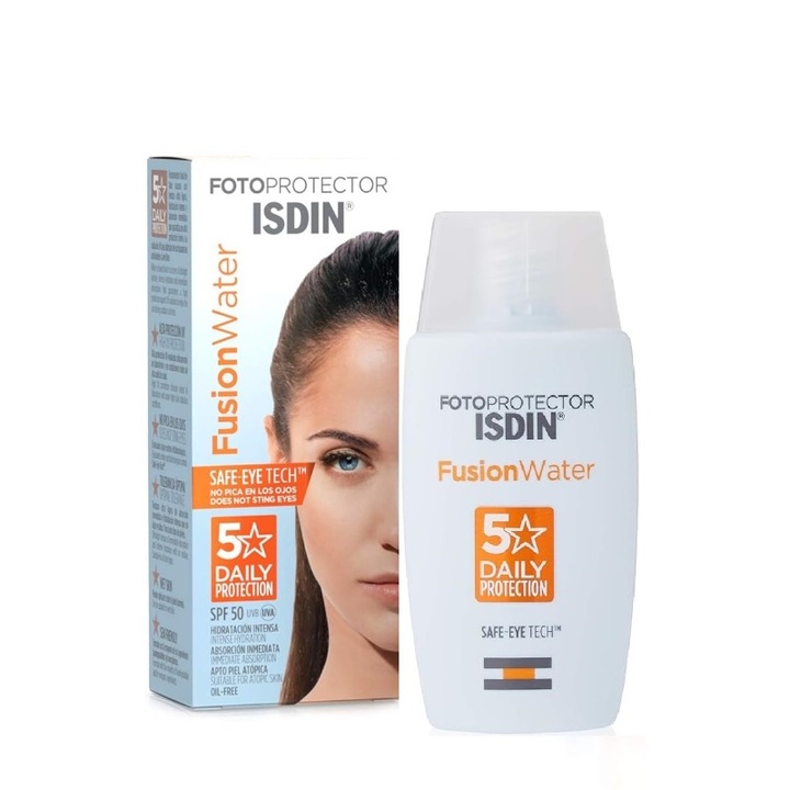 Слънцезащитен крем, крем за лице Fusion Water с вода SPF 50 - UVA/UVB защита, ултра лека текстура за кожата, устойчив на изпотяване, идеален за ежедневна употреба