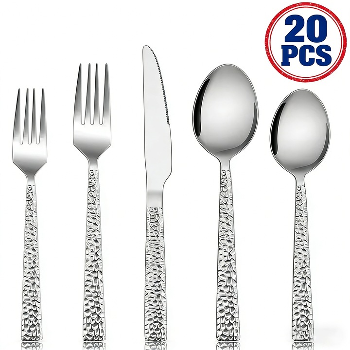 Set de tacamuri din inox 20 piese, argintiu, design modern, 4 x Cutite, 4 x Linguri, 4 x Furculite Mari, 4 x Lingurite, 4 x Furculite Mici, pentru 4 persoane