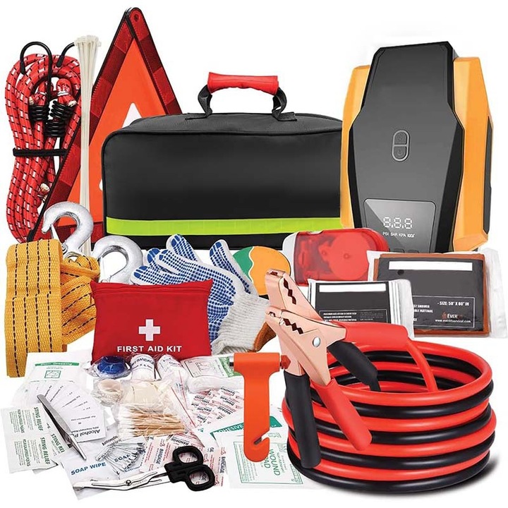 Комплект за оцеляване за кола, комплект инструменти за пътна безопасност с ръкавици, цифров компресор за гуми, аптечка за първа помощ, 12 фута кабел за стартиране, колан за теглене, фенерче, WALALLA, черен | многоцветен