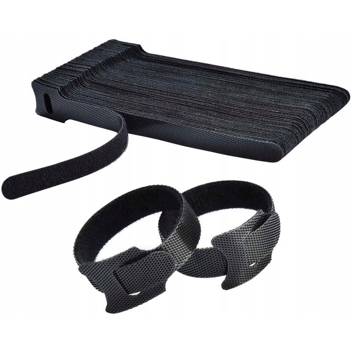 Clema Velcro 200 mm, Novaza Tech, Set 10 bucati, reutilizabile, ajustabile, 200 mm x 12 mm, Negru