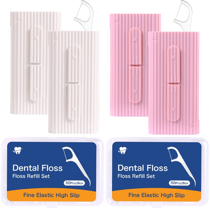 Преносим комплект конци за зъби Easy Flosser, 6 кутии, бяло и розово, 140 стикчета за възрастни