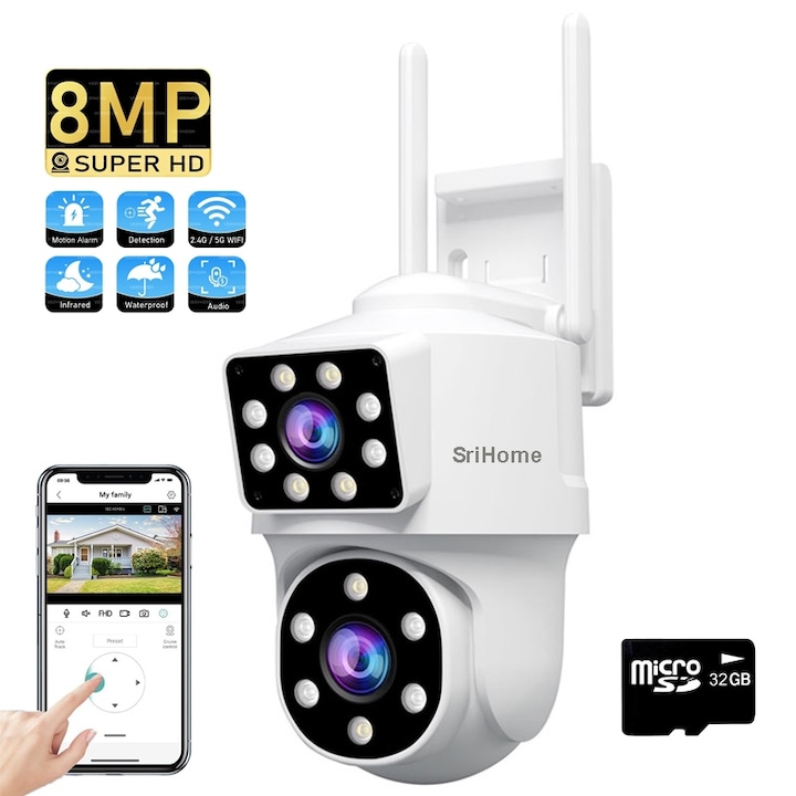 Камера за видеонаблюдение SriHome SH063 PRO двойна WIFI CCTV, 8MP, външна/вътрешна, Ultra HD 4K, 4X увеличение, въртене, LED светлина, цветно нощно виждане, звукова и светлинна аларма, двупосочна комуникация, сензор за движение, бял