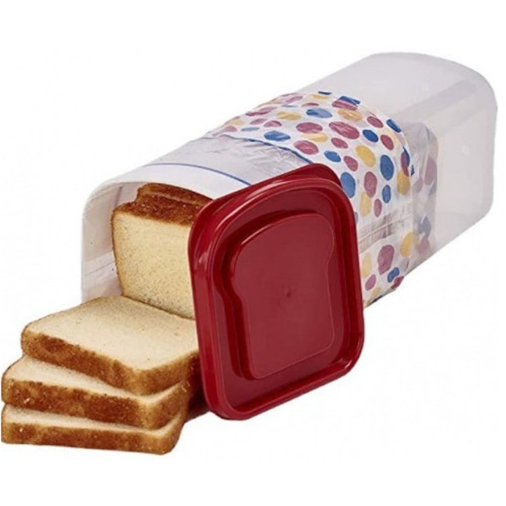 Cutie Depozitare Paine, Micul Bucatar, din Plastic, 34 x 13 cm, Pastreaza Prospetimea, Capac Rosu