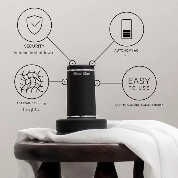 Aparat de curatat scame SteamOne, 9500 rpm, incarcare la USB-C, curatare eficienta a tuturor tipurilor de tesaturi, design ergonomic, indicator luminos, autonomie 60 minute continuu, oprire de siguranta, negru