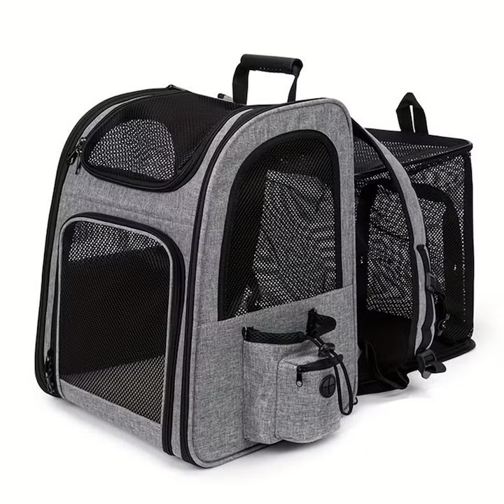 Ghiozdan pentru transport animale Macomi™, pentru pisici sau caini talie mica, extensibil, inchidere cu fermoar, max. 8kg, 42cm x 33cm x 29cm, Gri