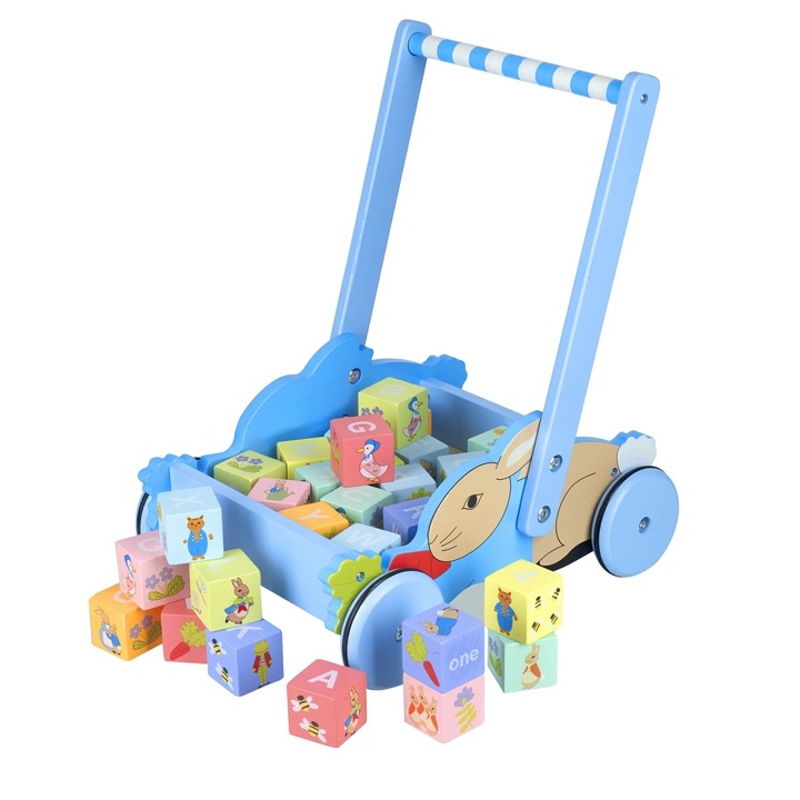 Carucior cu cuburi Peter Rabbit™, Orange Tree Toys, din lemn, +12 luni, 34 x 27 x 40 cm
