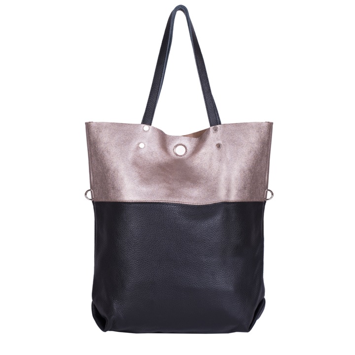 Geanta Zevo Shopping dama Piele Naturala, Stefania, Negru cu Bronz