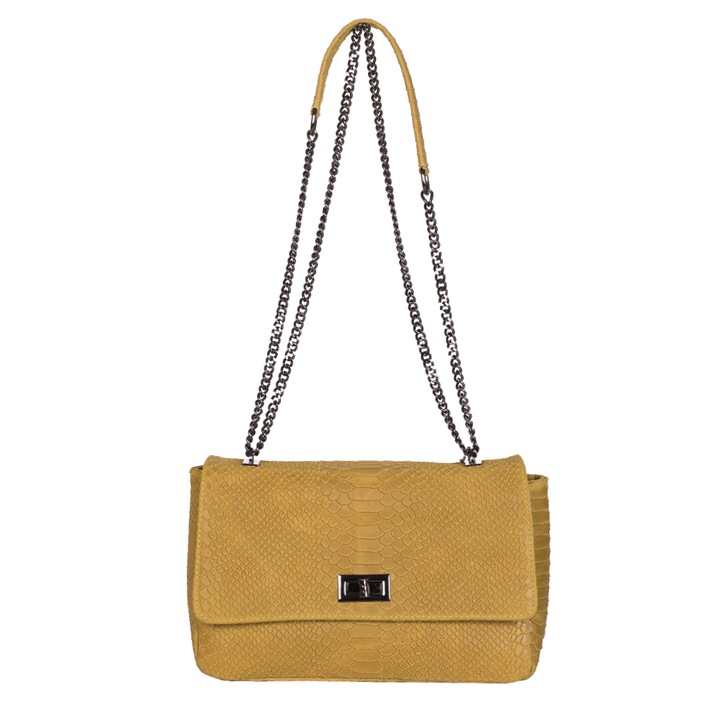 Geanta Zevo dama Piele Naturala intoarsa print sarpe, Flavia, Galben