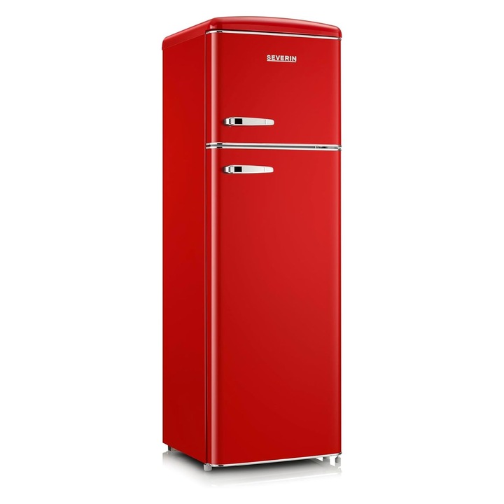 Хладилник Retro Severin, H 144 см, 246 л, фризер 52 л, 3 рафта от безопасно стъкло, 3 рафта на вратата, отделение за зеленчуци/плодове, контрол на температурата, LED вътрешно осветление, безшумен, хромирани дръжки, червен