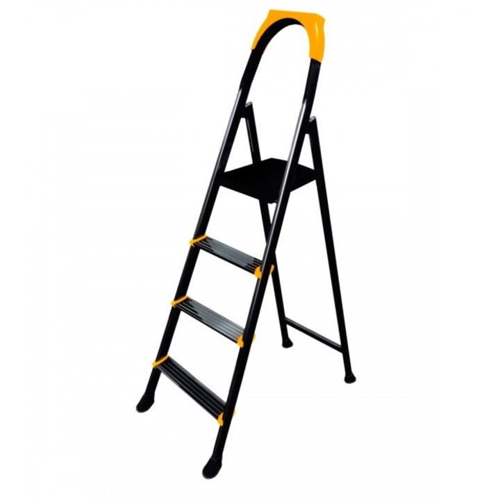 Scara metalica vopsita, 3 trepte + platforma cu sistem antialunecare, negru-galben, 130.5 cm, culoare negru