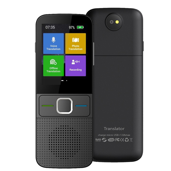 Интелигентен цифров преводач, с поддръжка на 136 езика онлайн и офлайн, гласов превод в реално време, функции за превод на снимки и документи, 2,4-инчов сензорен екран, високопроизводителна Android система и елегантен дизайн в черно, 8GB