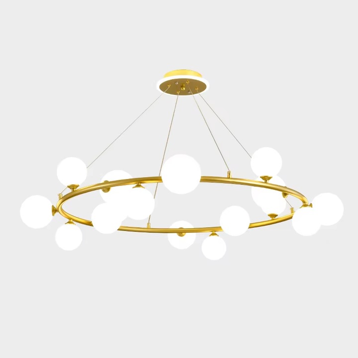 Lustra suspendata, culoare corp auriu, 15 globuri albe, dulie G9, inaltime reglabila 1M, BECURI G9 INCLUSE