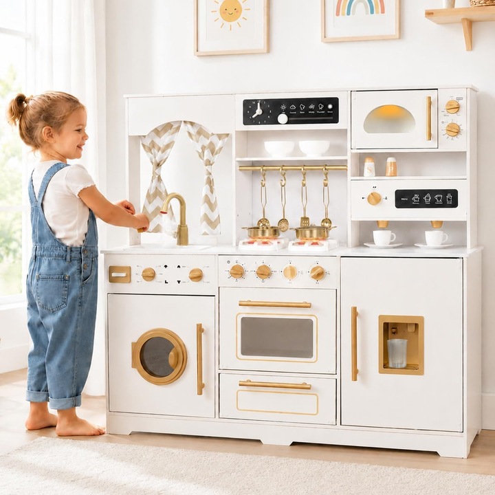Bucatarie pentru Copii din MDF FrenchBistro™ cu Lumini si Sunete, Set de Joaca cu Aparat de Cafea, Masina de Spalat, Cuptor, Chiuveta Electrica, Dozator de Apa, Cuptor cu Microunde, Ustensile si Accesorii, Perdea, Spatiu Depozitare, White/Gold