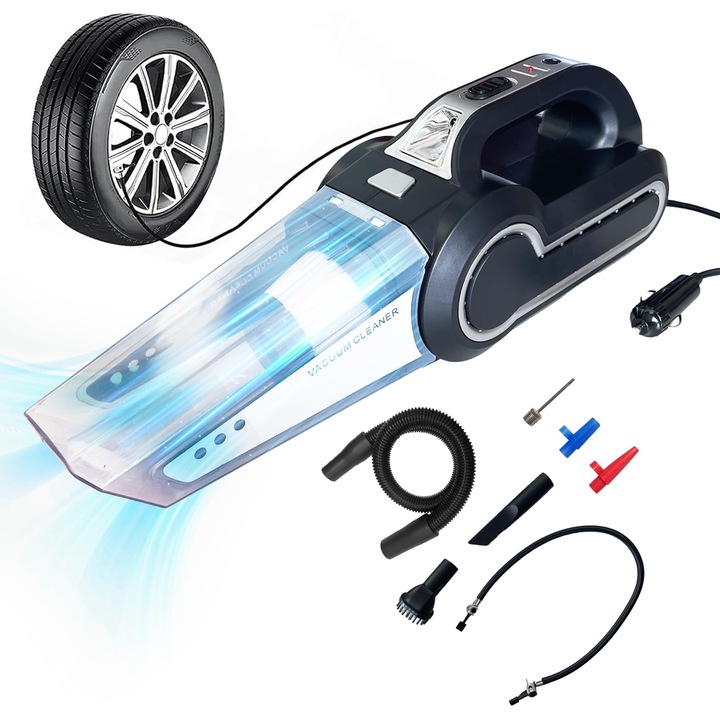 Aspirator auto 4 in 1, alimentare 12V, functie de umflare, display presiune anvelope, pentru masina Dispozitiv de umflare a anvelopelor Aspirator cu lumina LED, WALALLA, Negru mat