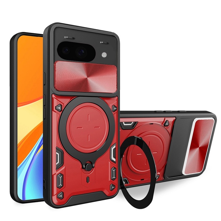 Husa pentru Google Pixel 9A cu protectie pentru camera si suport magnetic integrat Ring Shockproof Rosu