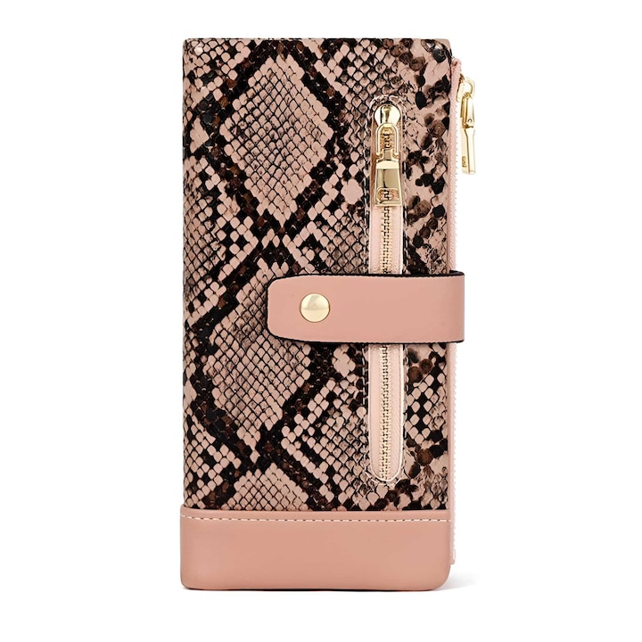 Portofel Modern Dama Boutique Deluxe, Piele Ecologica Rezistenta, Compartiment Telefon, Fermoar Exterior Monede, Protectie Antisoc, Compartimente Bancnote, Multicolor