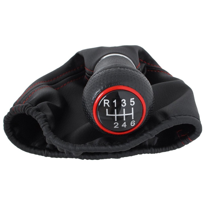 Sebességváltó gomb + hüvely, MODECAR, fekete, piros részletekkel, 6 sebesség, Seat Leon I-hez 1999-2006