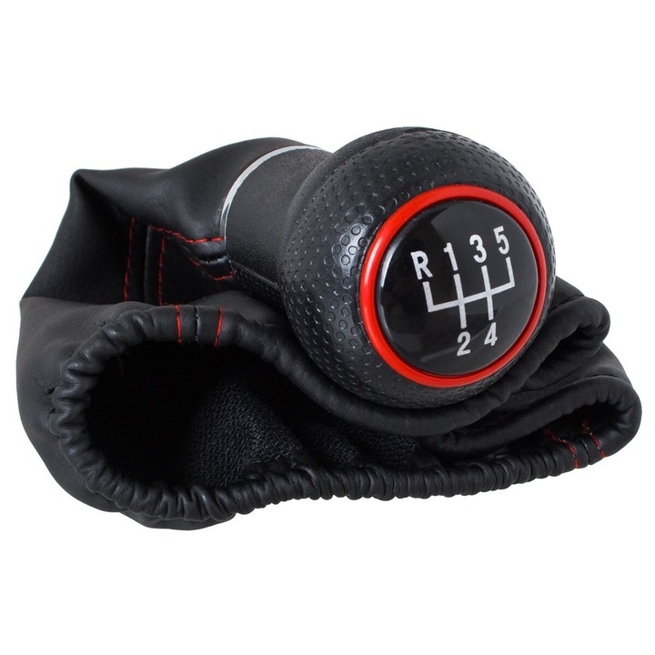 Топка за скоростен лост с маншон, MODECAR, черна с червени детайли, 5 скорости, за Seat Leon I 1999-2006