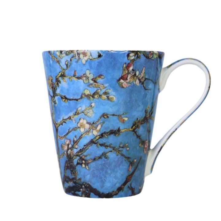 Van Gogh porcelánbögre, zöld dobozban, mandulavirág mintával