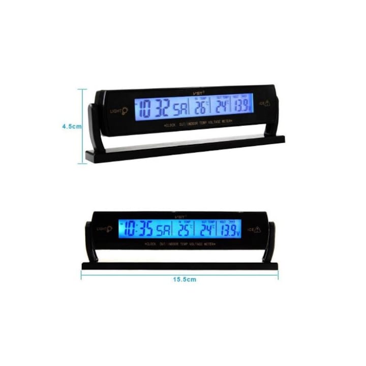 Термометър с вътрешен - външен сензор, цифров, часовник и волтметър, осветлението измерва напрежението в гнездото на запалката