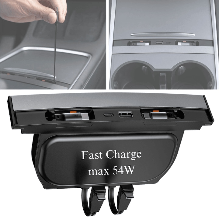 Hub extensie USB pentru Tesla 4 porturi, 2 X USB-C retractabil 80 cm max. 27W, 1 x USB-C max. 15W, 1 x USB-A max 15W, Compatibil Tesla Model 3 2021-2023 si Tesla Model Y 2021-2024, Capac culisant, Fixare usoara