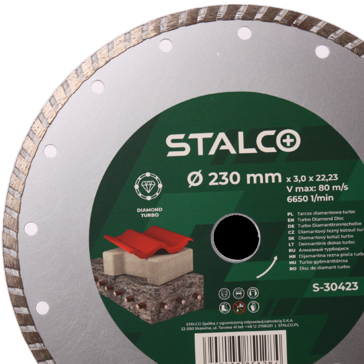 Disc diamantat Stalco, taiere uscata, beton armat, versatil, Ø230x2.6x22.23 mm, Argintiu/Verde