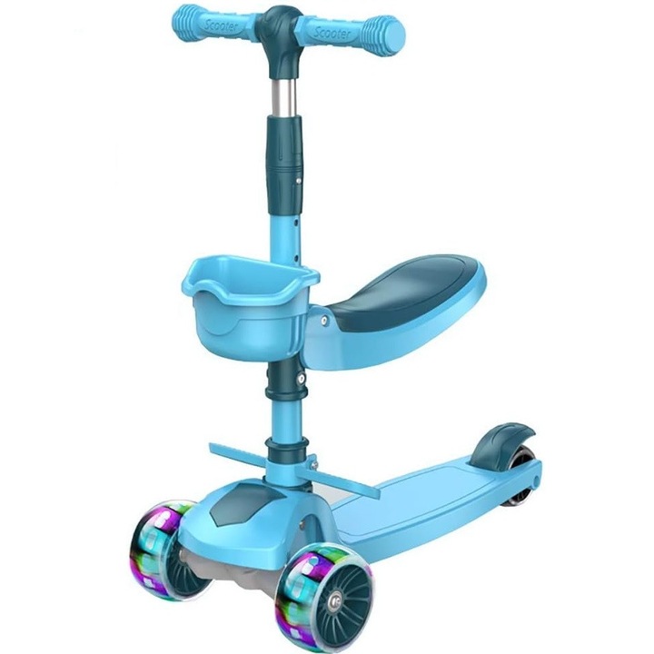 Trotineta scooter cu 3 roti reglabila pentru copii Mixbo, cu lumini, cosulet si scaunel, 2-3 ani, albastru