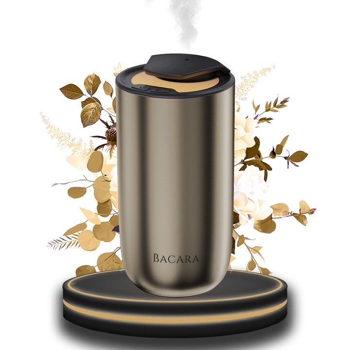 Difuzor Odorizant Auto Bacara® K1 Cup-Holder cu Parfum Inclus 15ml, Senzor ON/OFF, Aluminiu Aero-Grade, Lumini Ambientale, USB-C si Baterie - Champagne Gold
