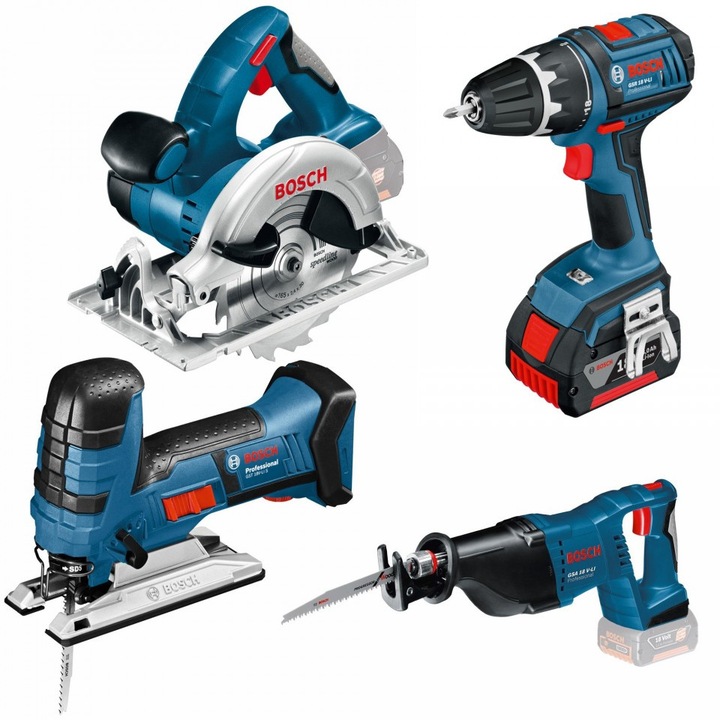 Set 4 scule cu acumulator 18 V Li-ion Bosch 0615990G8A , 4 Ah, (GSR 18 V-LI + GST 18 V-LI + GKS 18 V-LI + GSA 18V-LI)