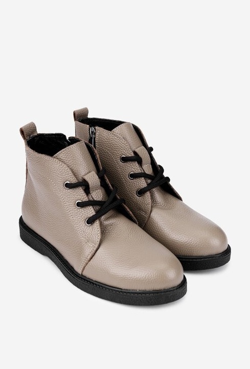 Ghete dama scurte din piele texturata taupe cu siret si fermoar, Bej