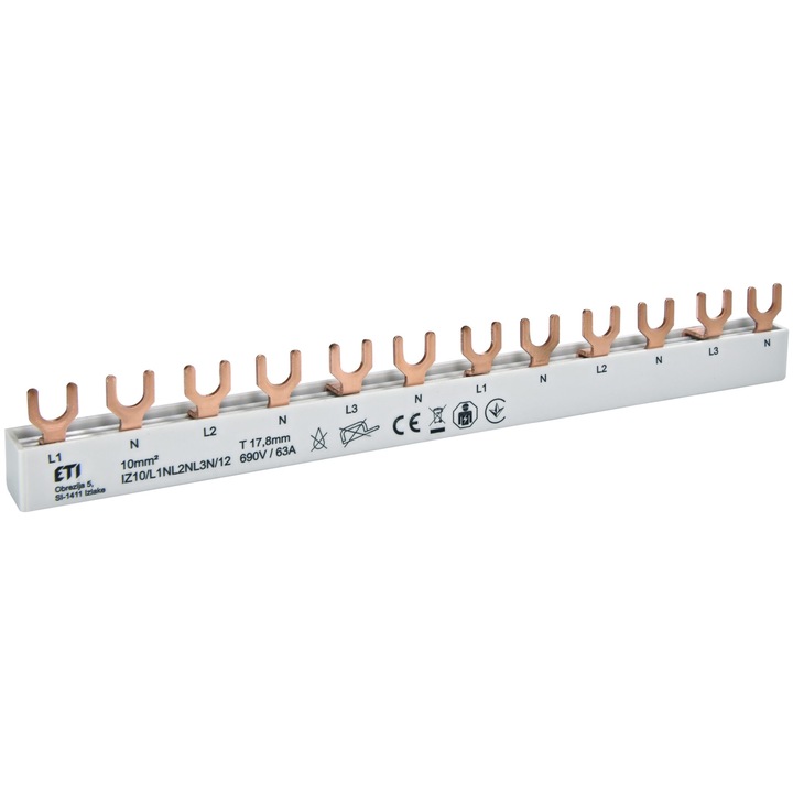 Busbar 12 module, tip furca, 4P, 63A, IZ10, 002921268, ETI