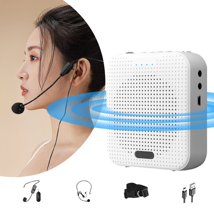 Amplificator de microfon wireless, amplificator portabil, amplificator de sunet, 10W, accepta unitati flash USB/card TF, Fudisenn®, indicator nivel baterie, vine cu casti wireless, casti wireless si centura, potrivit pentru profesori, ghizi turistici etc