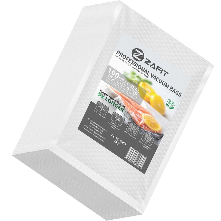 Pungi vidat gofrate ZAFIT™, pentru aparat de vidat alimente, 100 bucati, 20 x 30 cm, reutilizabile, rezistente, sous vide, lavabile in masina de spalat, fara BPA, transparent