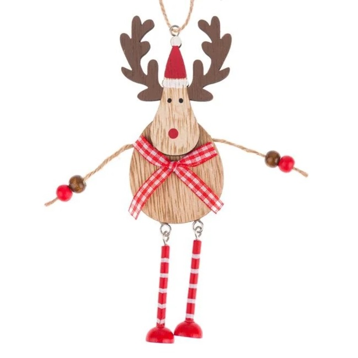 Ornament Brad de Craciun Antbro® cerb de lemn cu picioare mobile si funda cu carouri, 15cm