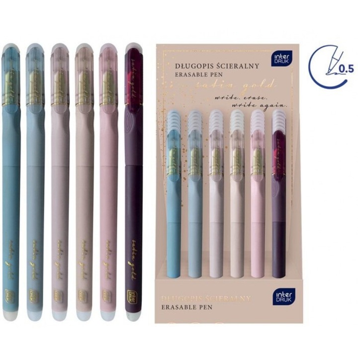 Szaténarany radírvégű toll, Interdruk, 36 darab, kék, 0.5 mm