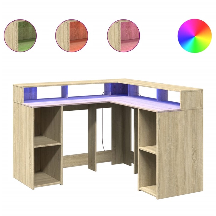 Birou cu lumini LED vidaXL, stejar sonoma, 130x130x91 cm, lemn prelucrat, 28.95 Kg