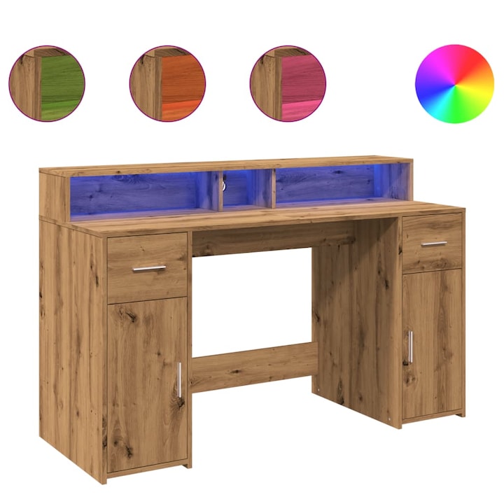 Birou cu lumini LED stejar vidaXL, artizanal, 140x55x91cm, lemn prelucrat, 25.95 Kg