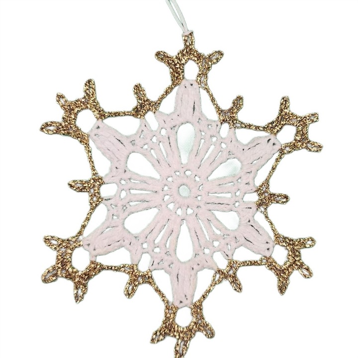 Set 4 decoratiuni de Craciun lucrate manual, fulgi crosetati, albi cu margine aurie, 11 cm
