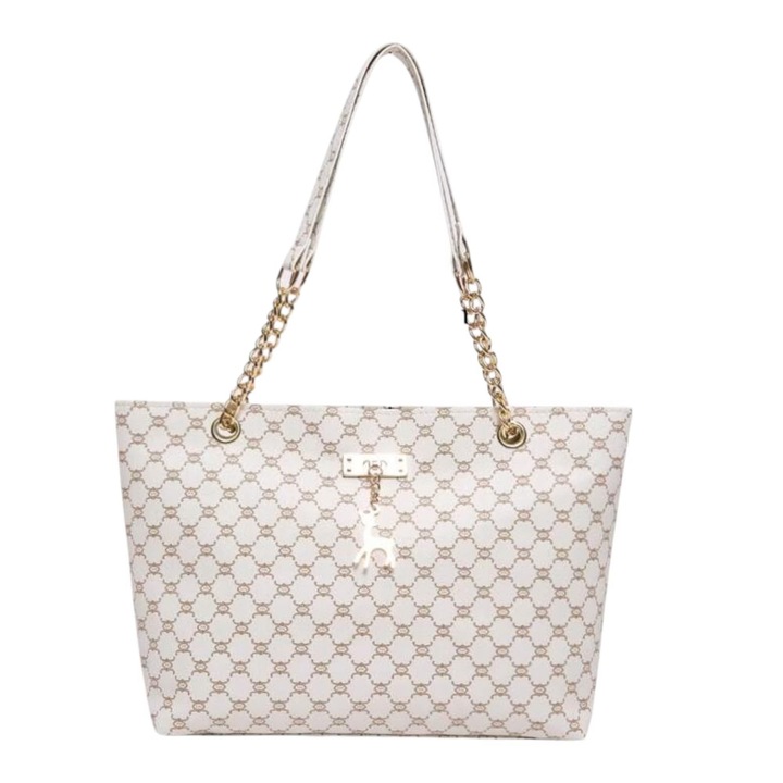 Geanta de Umar, Model Imprimeu Geometric si Lanturi Aurii - Alb