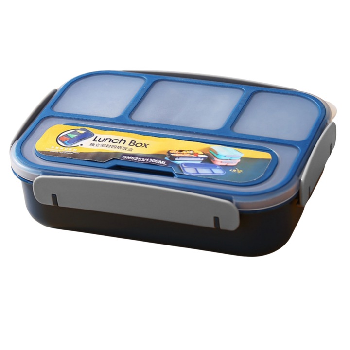 Кутия за обяд, 4 отделения, контейнер за сос и прибори, Идеална за деца и възрастни в училище, детска градина, работа или офис, Vanaxalife®, Син