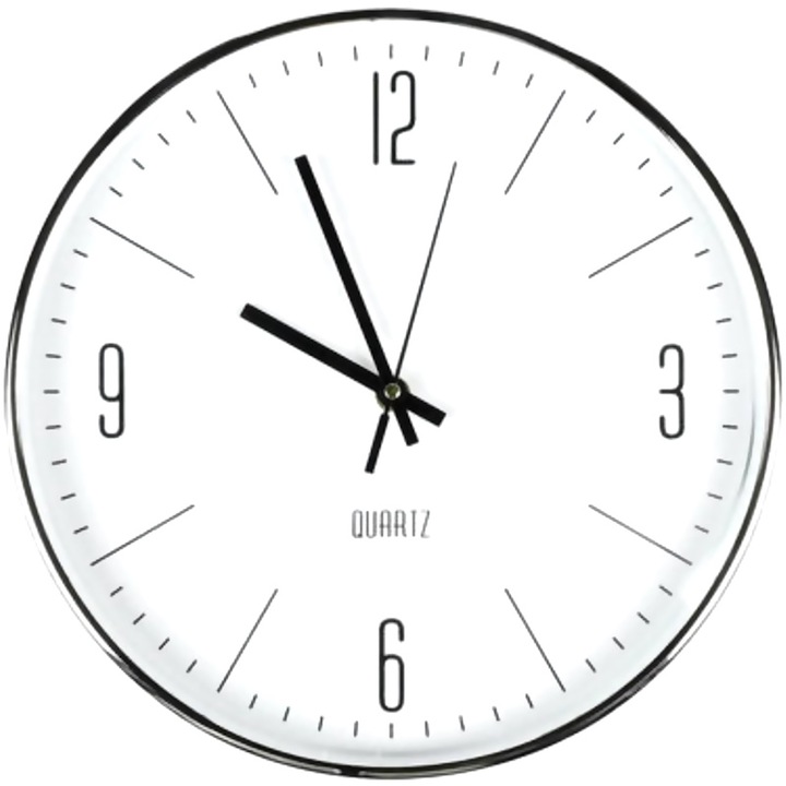 Ceas decorativ de perete BENSON cu design minimalist, fundal alb si carcasa cromata 30cm