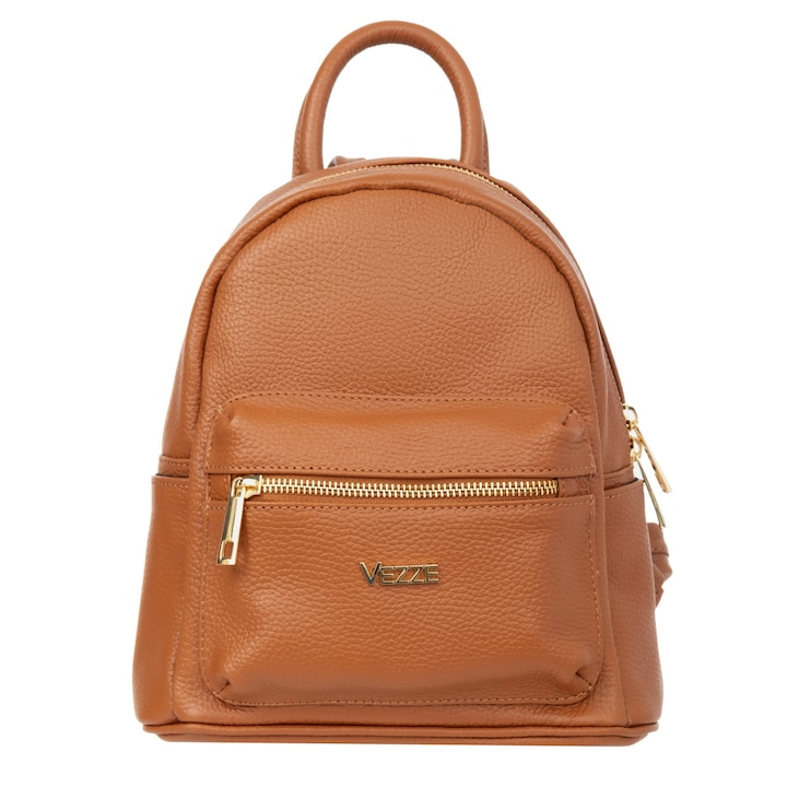 Vezze natúr bőr hátizsák, barna, 5 zsebbel, cipzáros záródású rendszerrel