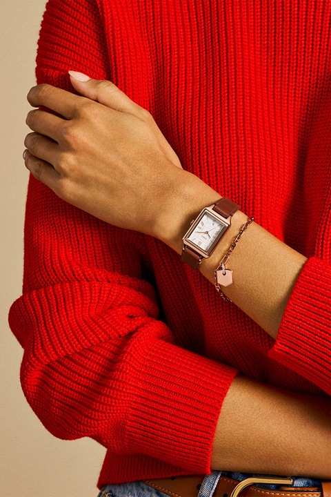 Fossil, Raquel bőrszíjas karóra és karkötő szett, Aranyszín, Fahéjbarna