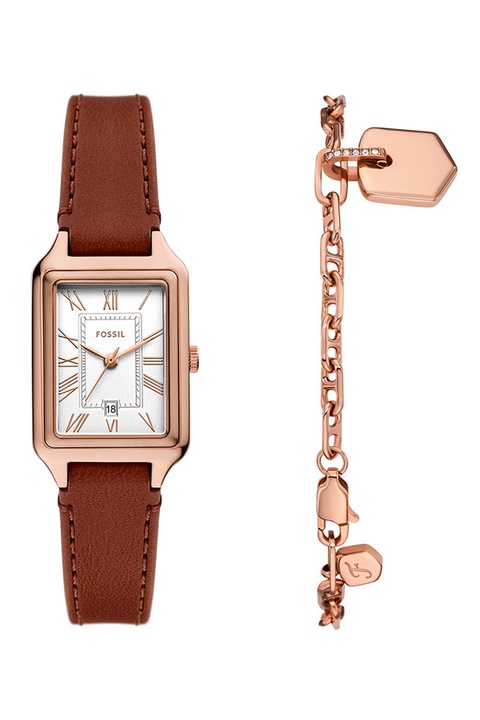 Fossil, Raquel bőrszíjas karóra és karkötő szett, Aranyszín, Fahéjbarna