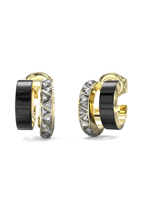 GUESS, Cercei dubli cu forma rotunda placati cu aur si decorati cu zriconia, Auriu, Negru, Transparent