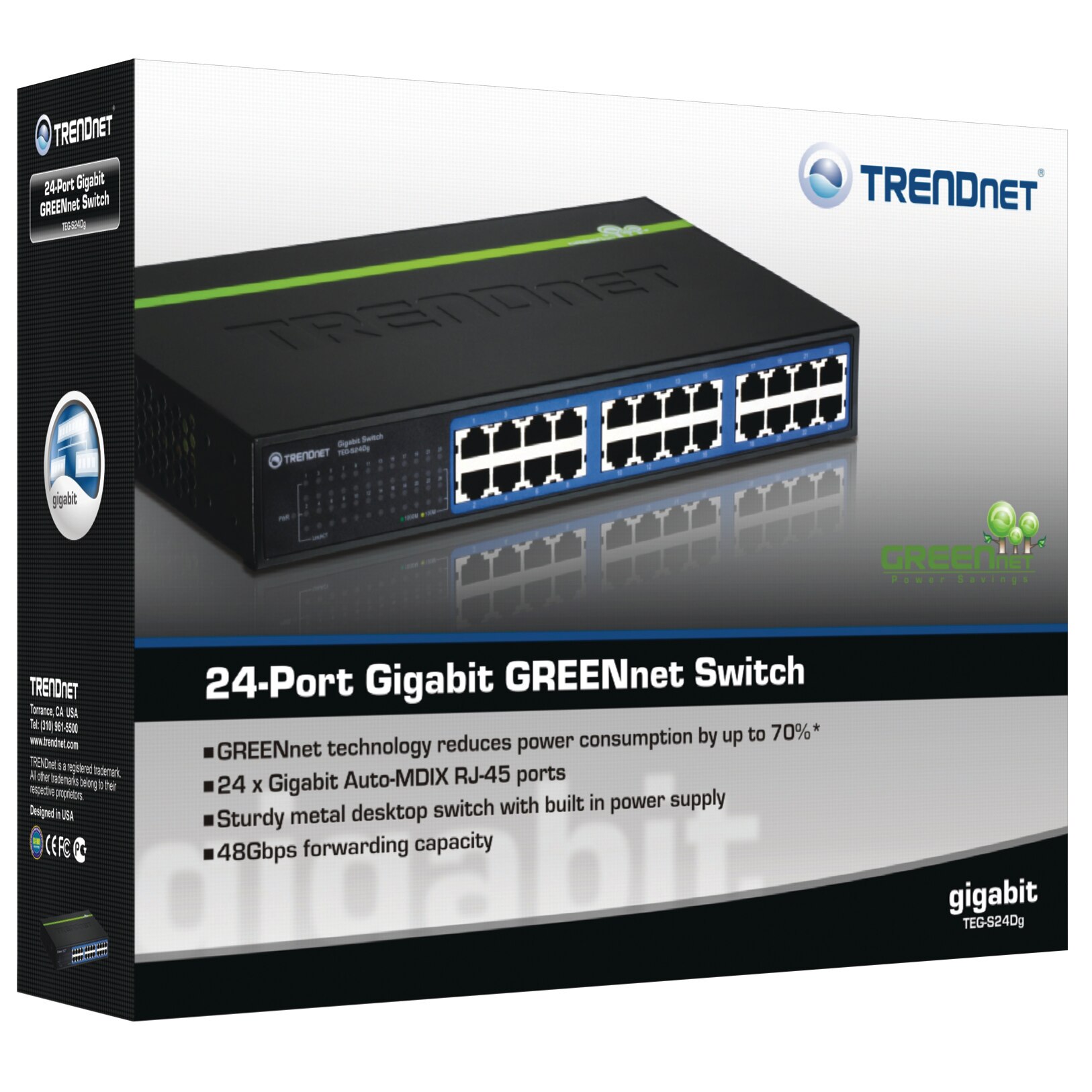 Switch Gigabit TRENDnet TEG-S24DG - 24 Ports Non Gérés - Technologie GREENnet (économie Jusqu'à 70%) - Capacité 48 Gbit/s - Alimentation Intégrée